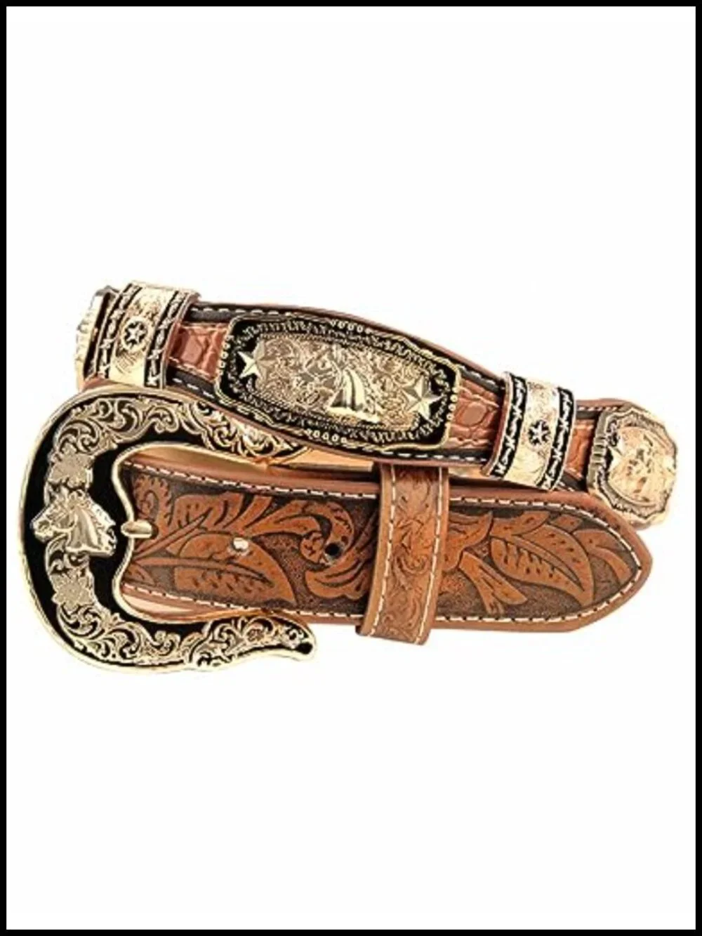 Western Cowboy Leather Belt with Horse Head Buckle and Concho
